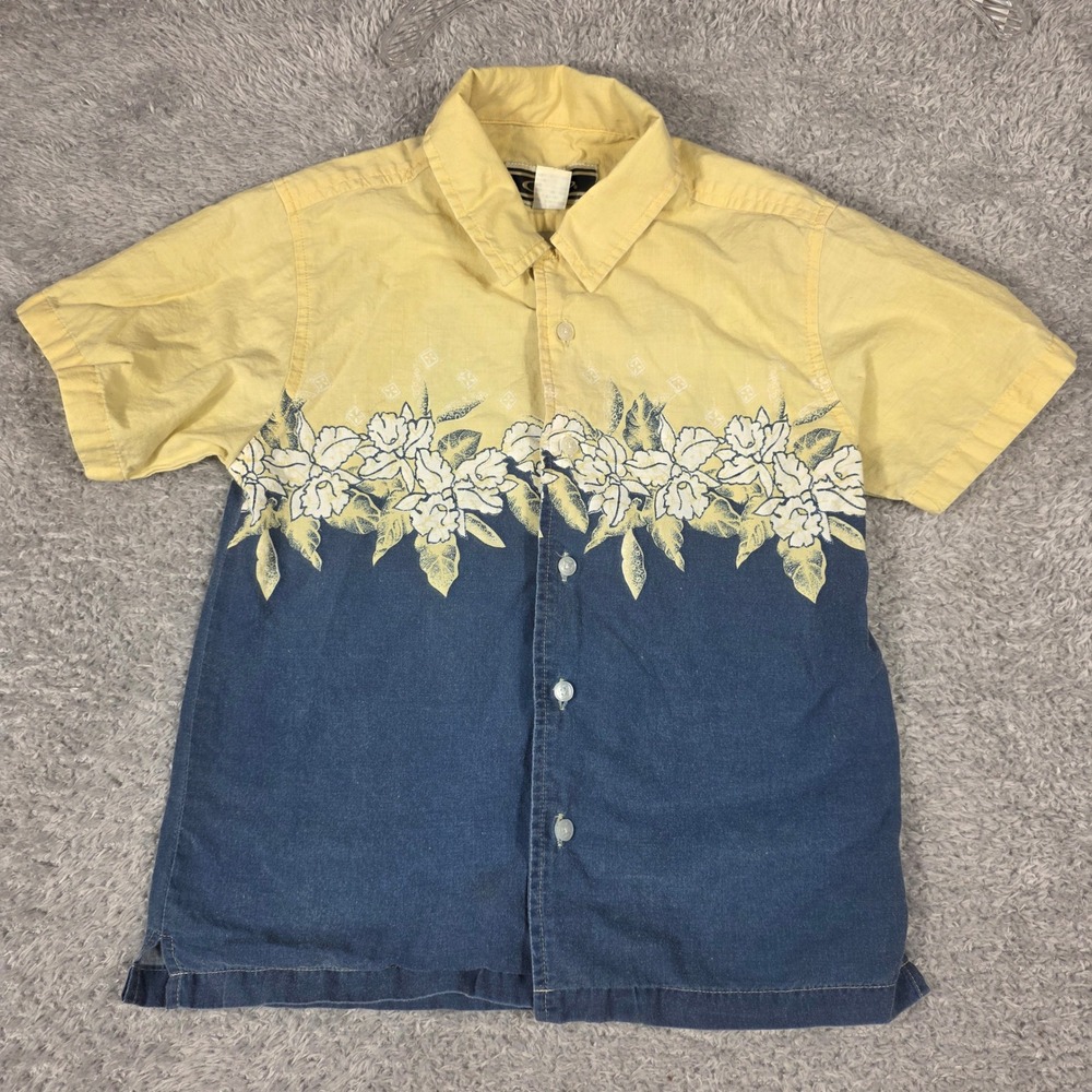 Vintage OP Hawaiian Button Up Shirt Boys Size 7 Yellow Blue Floral Hawaiian Surf
